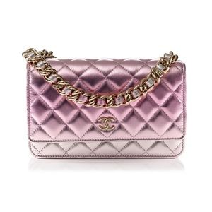 New Chanel Mini Bag Wallet On Chain WOC Metallic Silver \Pink Chunky GHW